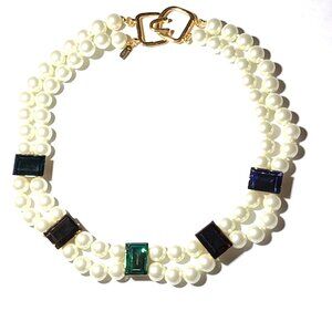 KENNETH JAY LANE , 2 ROW PEARL NECKLACE WITH PASTEL OR JEWEL TONE CRYSTALS